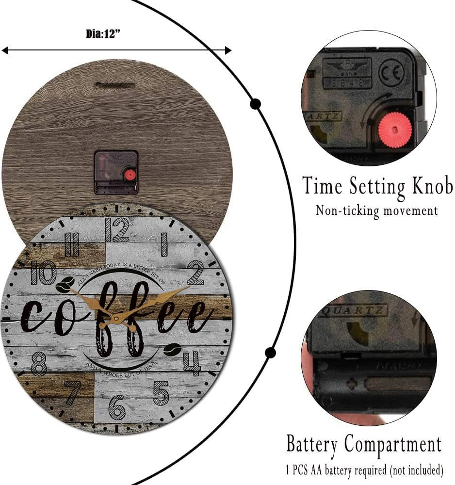 Rustic Kitchen Wall Clock Wooden Office Coffee Decor Wall Clocks 12 Inches Silent Clocks for Kitchen/Office/Bar Decoration