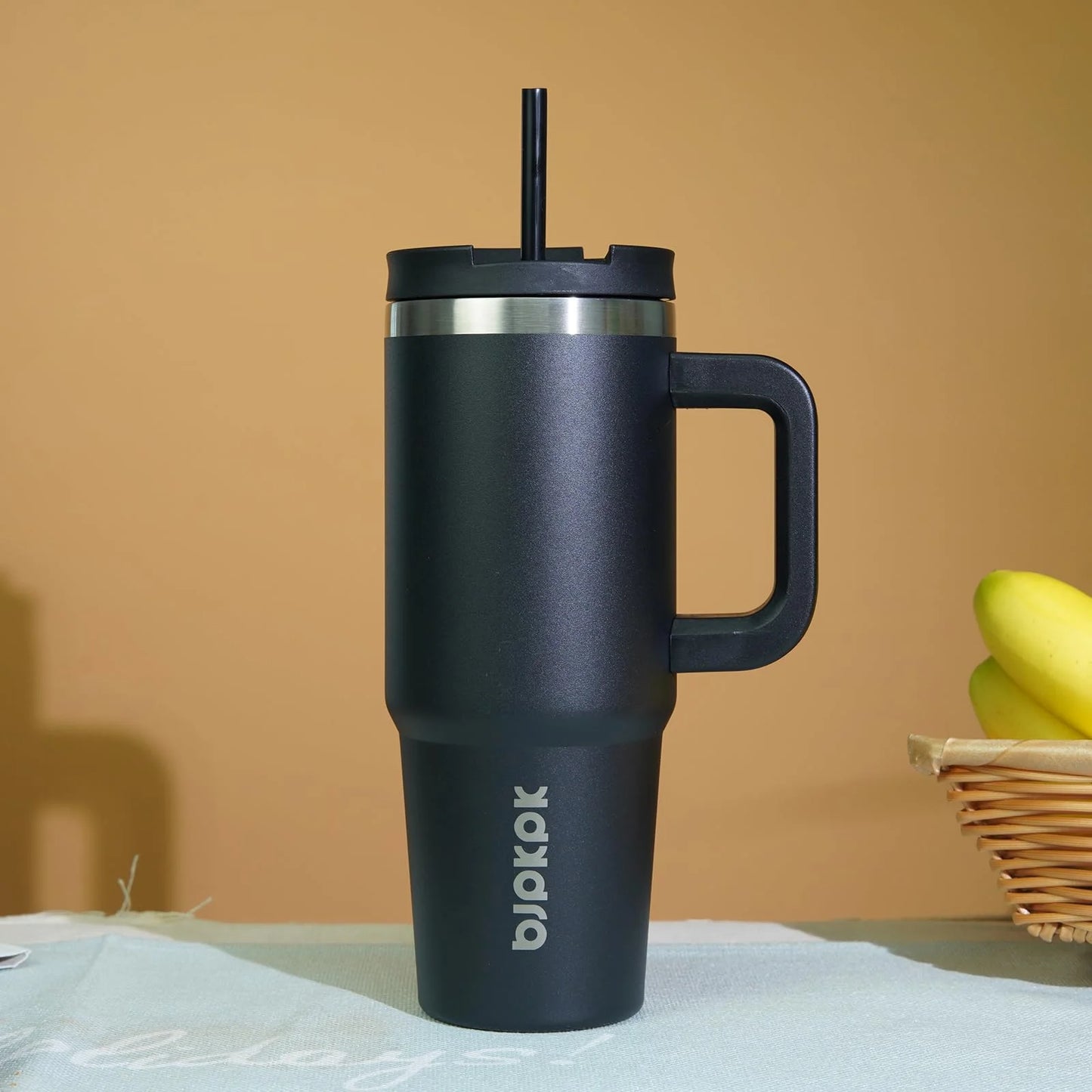 30Oz Stainless Steel Insulated Tumbler with Handle and Lid Straw Travel Coffee Mug Thermal Cup,Black
