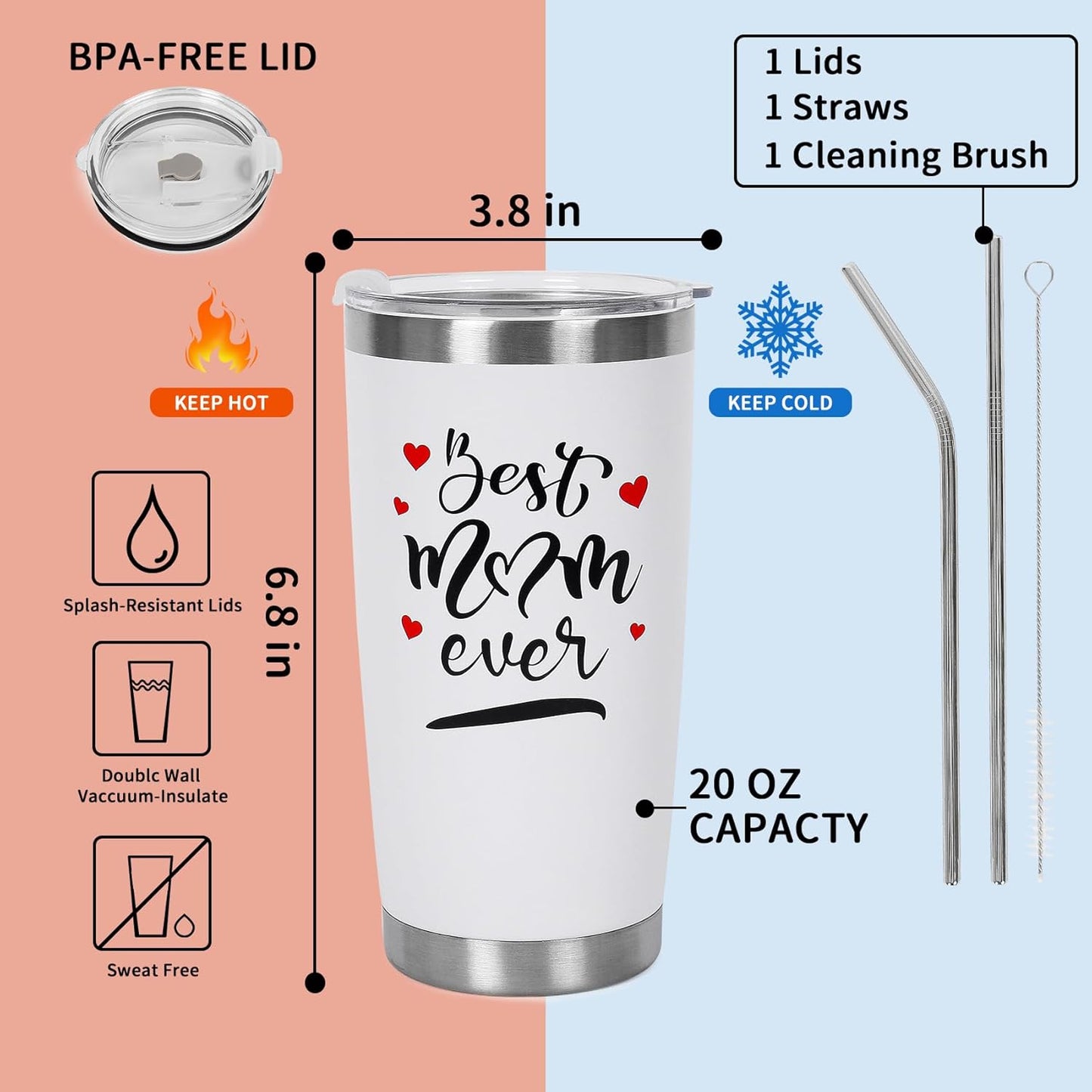 Best Mom Ever Gifts Mom Tumbler Mug, 20 Oz Coffee Tumbler Cup Gifts for Mom From
