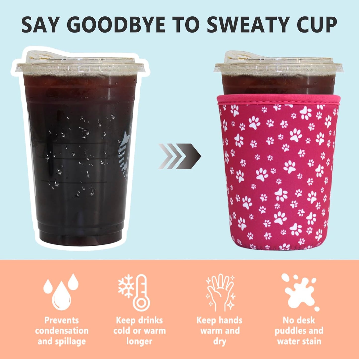 3 Pack Reusable Iced Coffee Sleeves - Insulator Sleeve for Cold Beverages, Neoprene Coffee Cup Holder (Pink Paw)