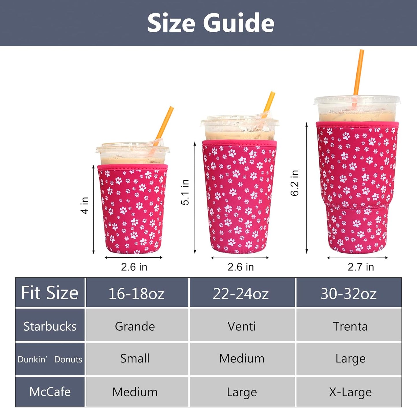3 Pack Reusable Iced Coffee Sleeves - Insulator Sleeve for Cold Beverages, Neoprene Coffee Cup Holder (Pink Paw)