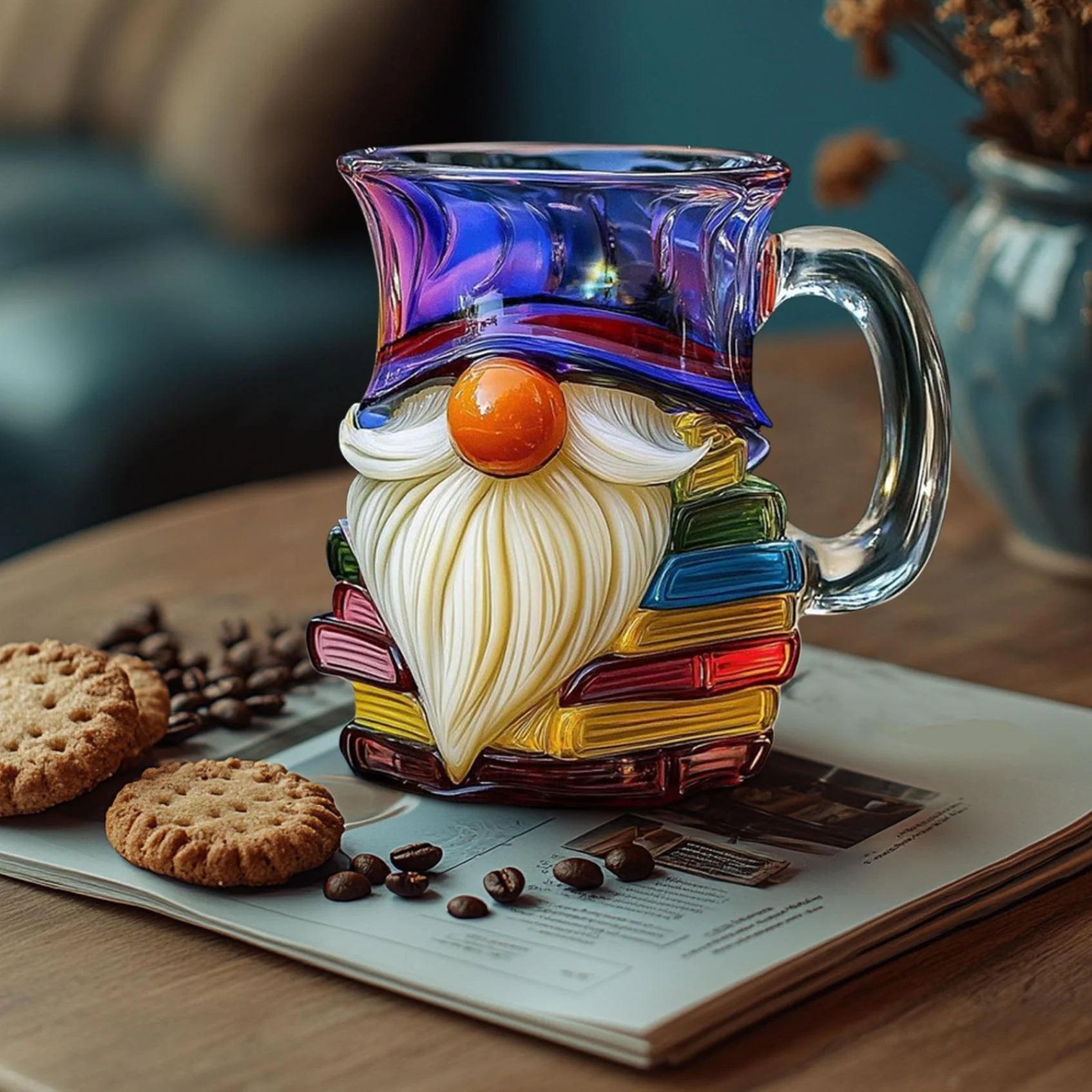 Painted Gnome Book Mug, 3D Painted Books Coffee Mug, Books Stacked Coffee Mugs Funny Bookish Tea Cups Cute Tumblers Book Worm Reader Writers Librarian Gift